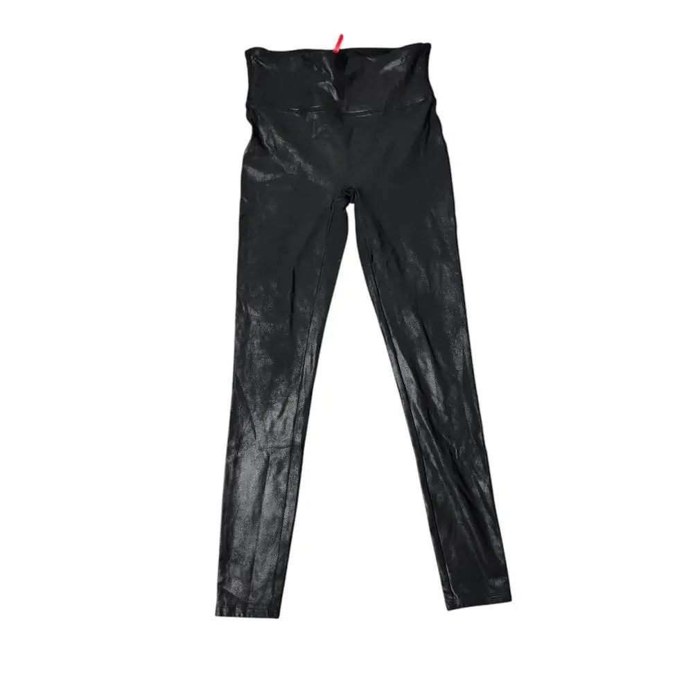 Spanx Black Metallic Faux Leather Leggings Size: L